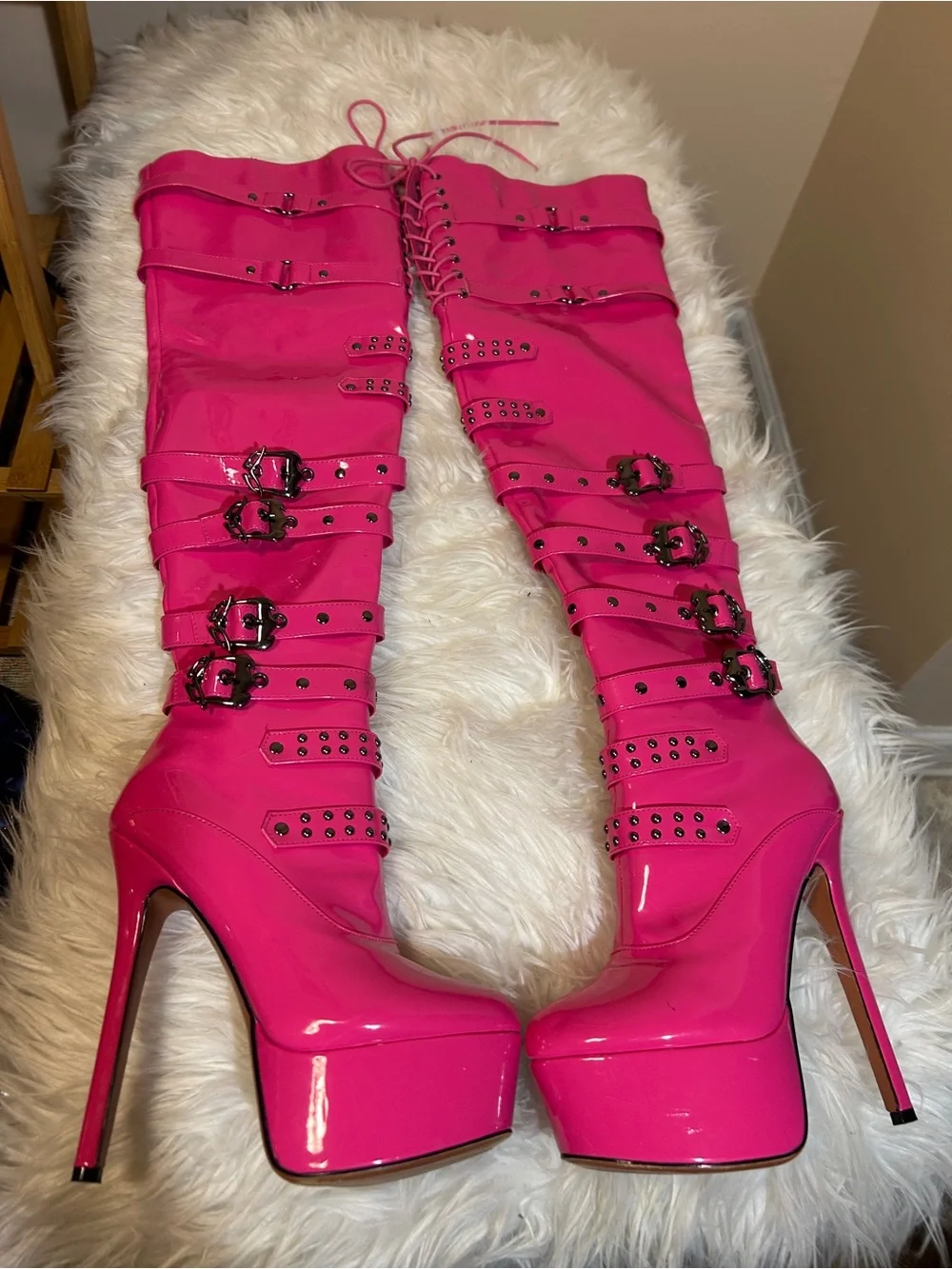 Hot Pink Over-the-Knee Platform Stiletto Boots with Buckle Straps